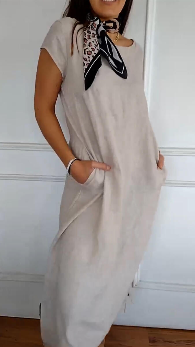 Women's Round Neck Loose Casual Cotton and Linen Dress