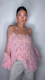 Pink Sheer Open-Knit Sparkle Bell-Sleeve Top