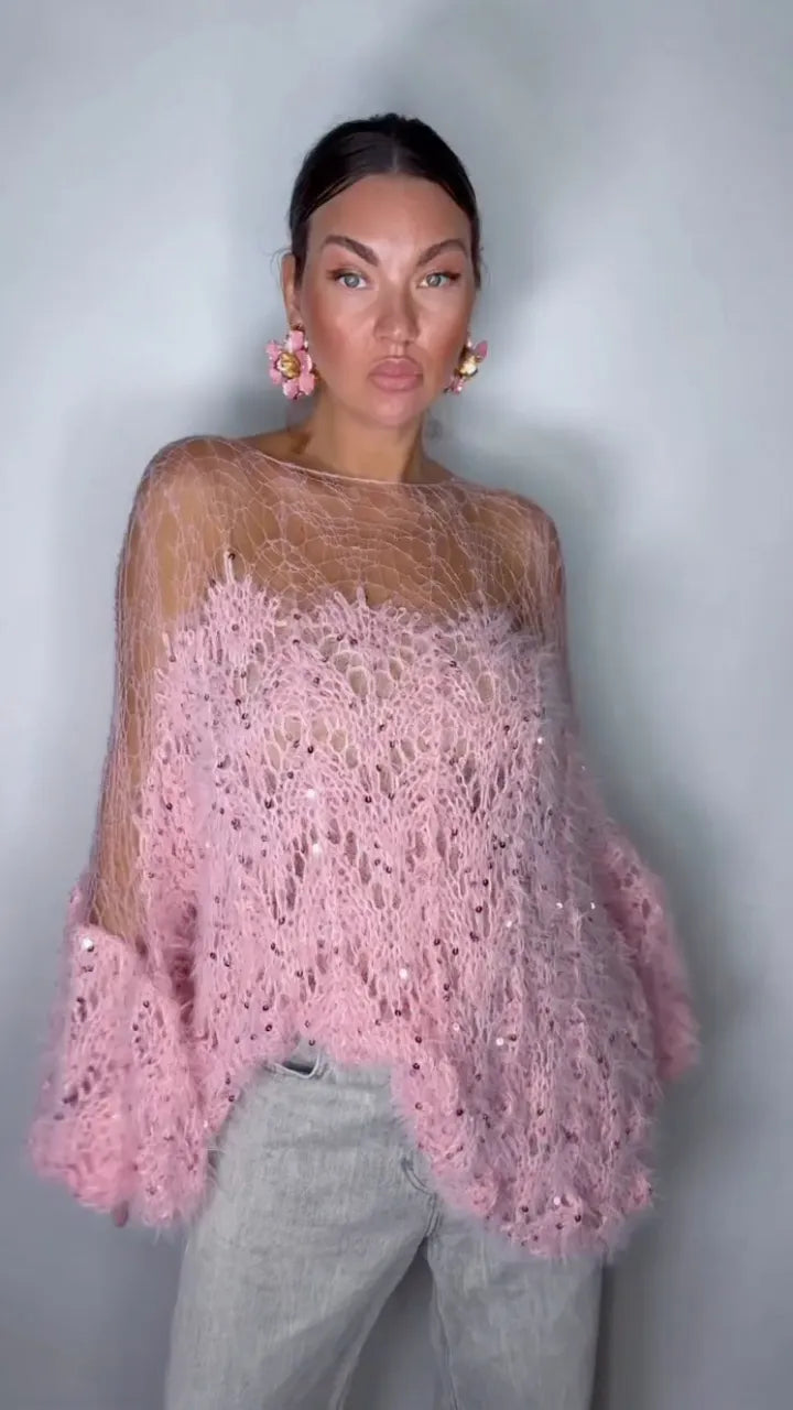 Pink Sheer Open-Knit Sparkle Bell-Sleeve Top