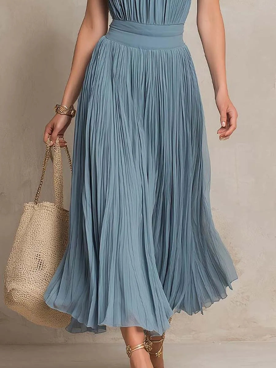 Elegant Ruffled Strap Pleated Midi Dress