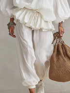 Romantic White Ruffled-Waist Blouse & Pants Set