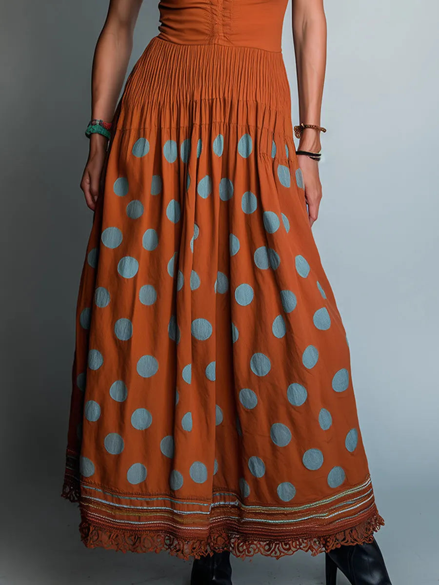 Retro Polka-Dot Print A-Line Maxi Dress With Lace Trim