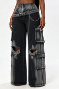 Black Acid-Wash Layered-Waist Distressed Cargo Jeans