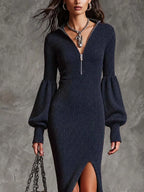 Retro Lantern-sleeve Slit Hem Knit Midi Dress