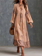 Boho Paisley Border Print Tie-Neck Bishop Sleeve Midi Dress