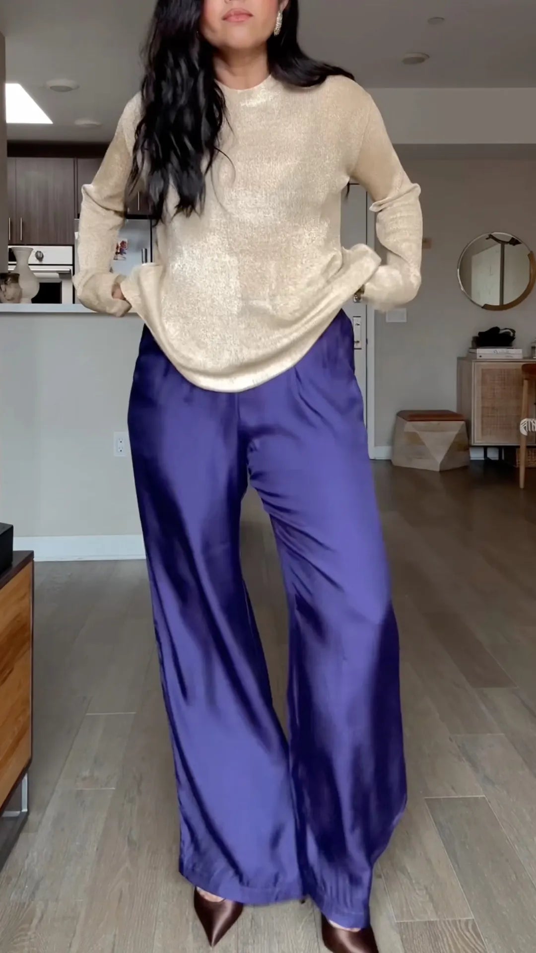 Metallic Knit Top & Satin Wide-Leg Pants Set