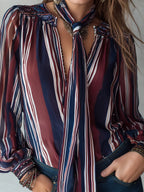 Retro Striped Print Chiffon Blouse With Lantern Sleeves (includes Scarf)