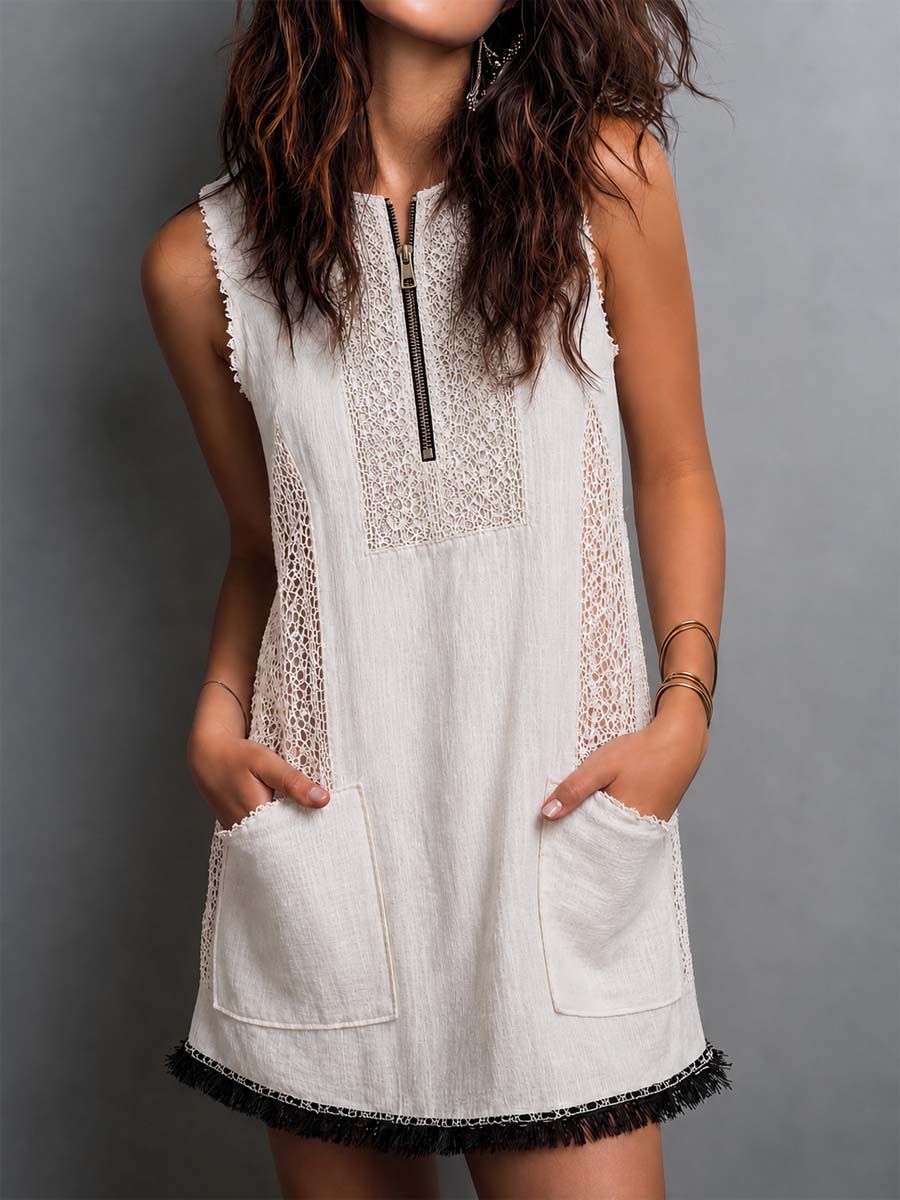 Boho Lace Panel Linen Fringe Hem Sleeveless Mini Dress