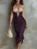 Retro Lace-Trimmed Ruched Polyester Satin Midi Dress