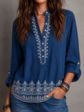 Boho Indigo Denim Embroidered Roll Tab Sleeves Blouse