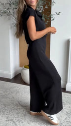 Black Asymmetric-Collar Top & Wide-Leg Pants Set