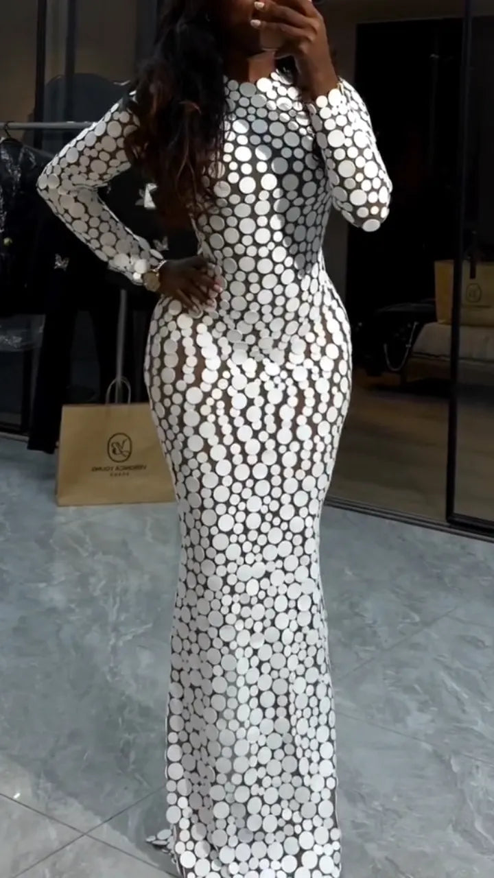 Silver-Tone Disc-Embellished Long-Sleeve Maxi Dress
