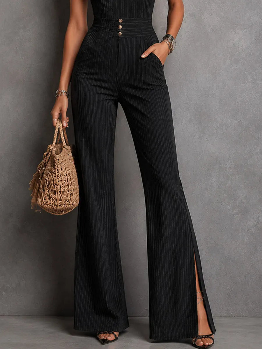 Retro Elegant Black Pinstripe Lace Panel Flare Leg Jumpsuit