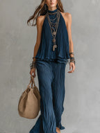 Midnight Blue Pleated Off-the-shoulder Top And Wide-leg Pants Set