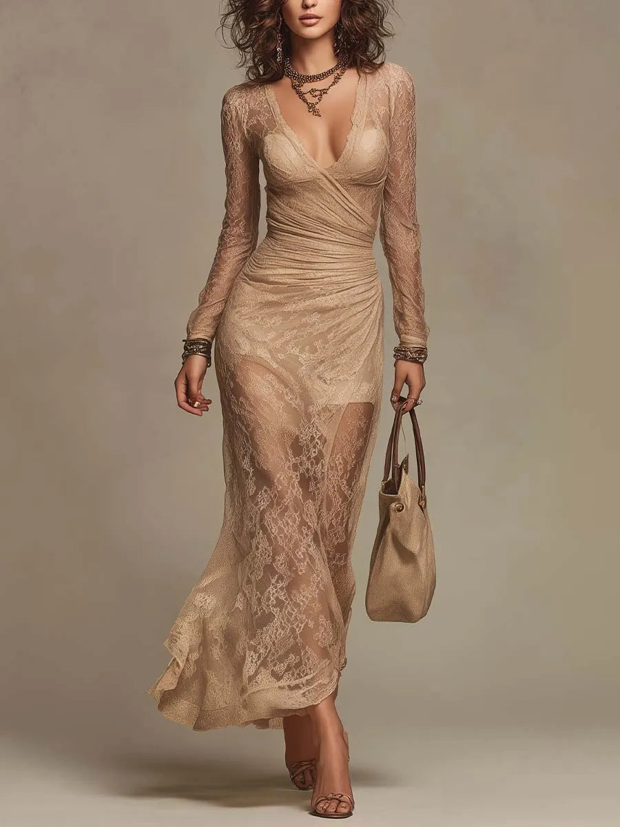 Elegant Boho Sheer Beige Lace Long Sleeve Maxi Dress