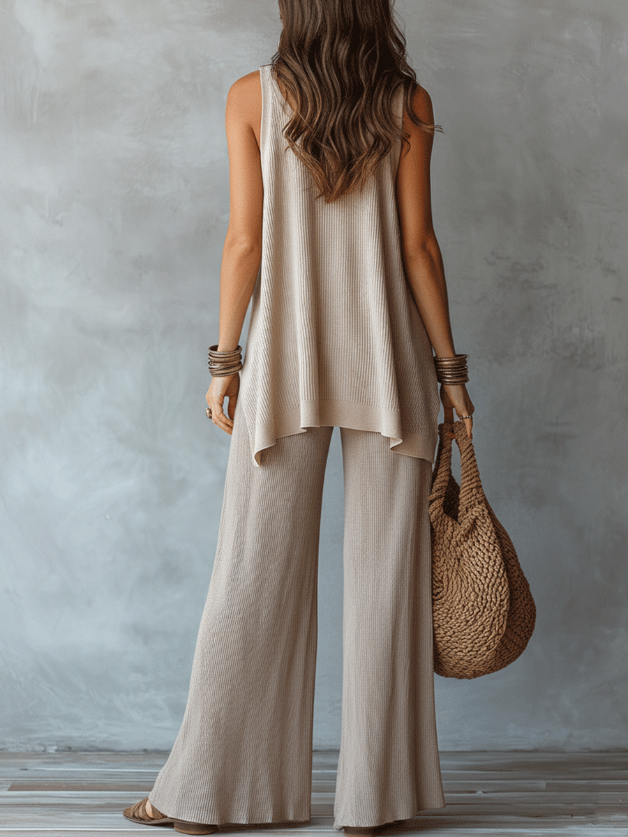 Effortless Boho Sleeveless Textured Top & Wide-Leg Pants Set