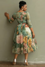 Vacation Sage Green Floral Round Neck 3/4 Sleeve See Through Tulle Midi Dresses