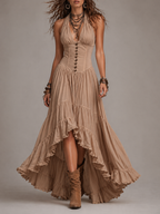 Bohemian Cotton Halter Corset Tiered Maxi Dress