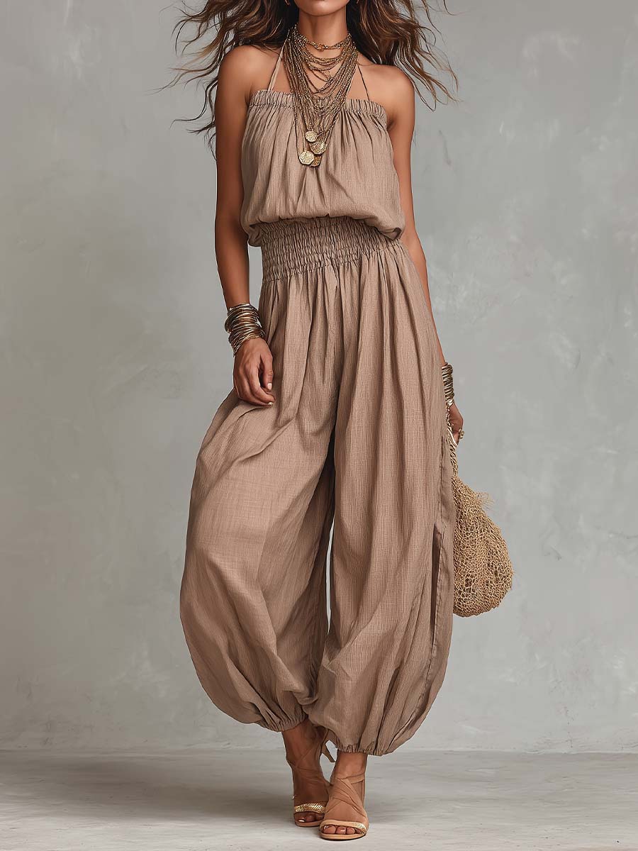 Bohemian Cotton-Linen Halter Smocked Balloon-Leg Jumpsuit