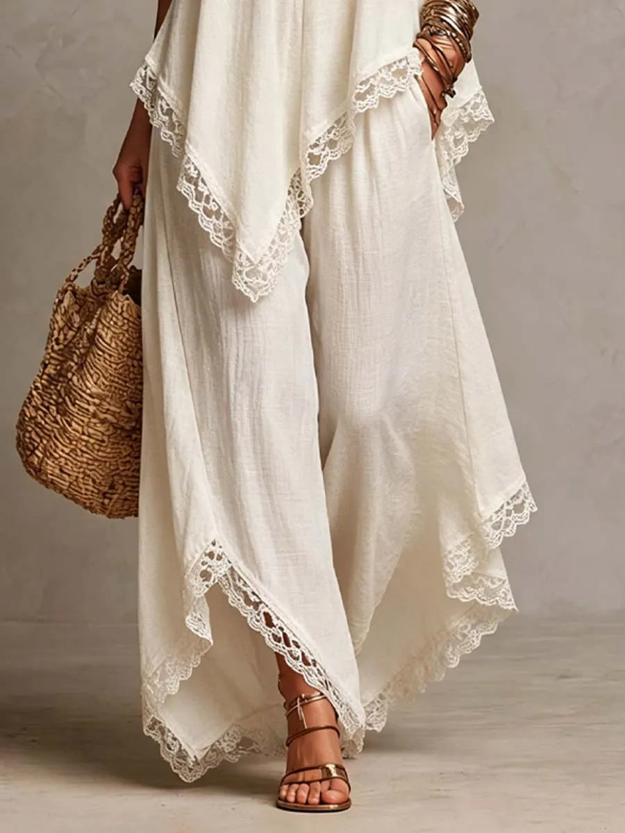 Boho Lace Trim Linen Cami Wide Leg Pants Set