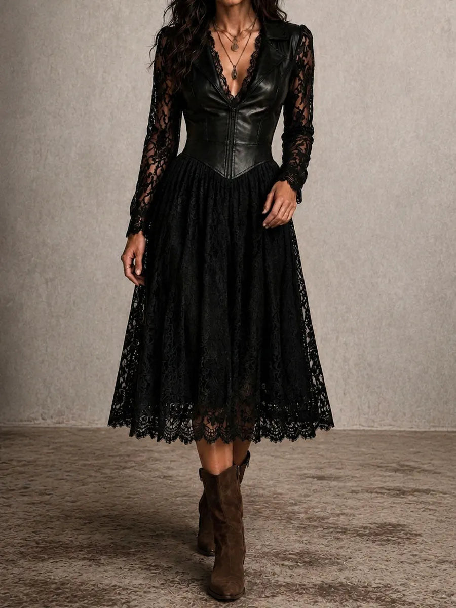 Retro Gothic Spliced Faux Leather Lace Lapel Midi Dress