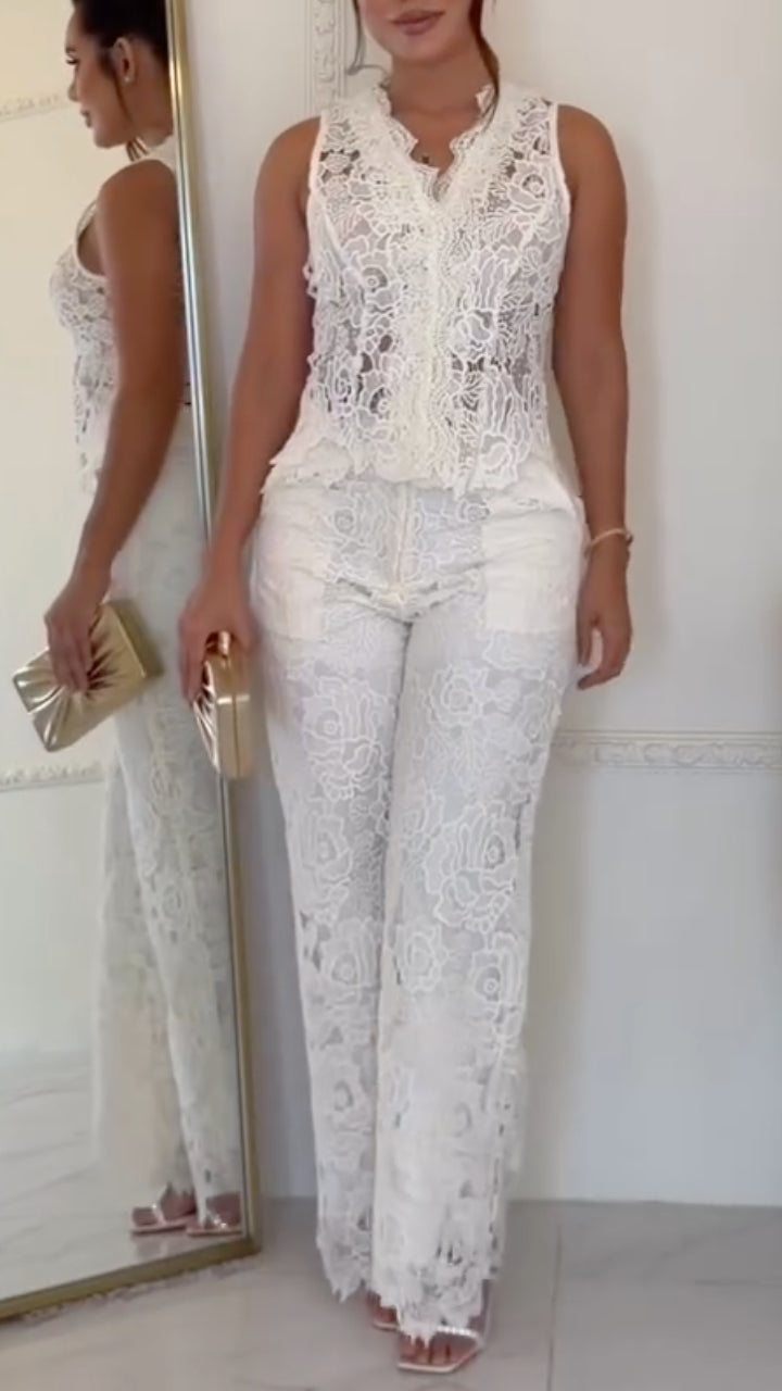 Floral Lace Vest & Wide-Leg Pants Set