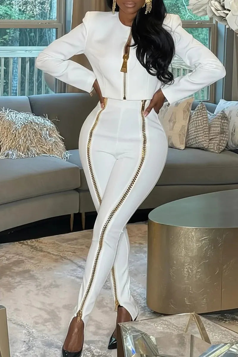 Gold-Zip Cropped Top & Stirrup Pants Set