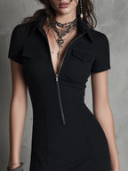 Classic Shirt-Collar Patch Pockets Black Mini Dress
