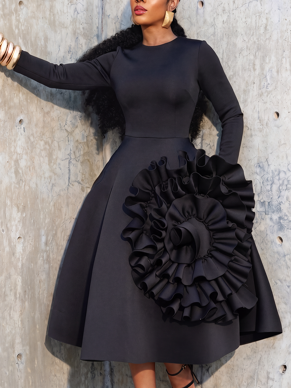 Sculptural Rosette Fit-and-Flare Midi Dress