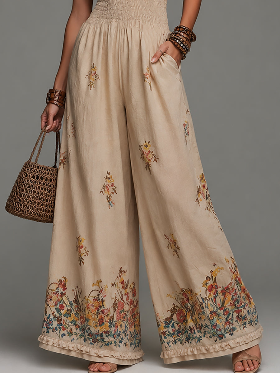Retro Halter-Neck Shirred Waist Wide-Leg Jumpsuit