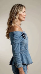 Denim Rose Off-Shoulder Peplum Top