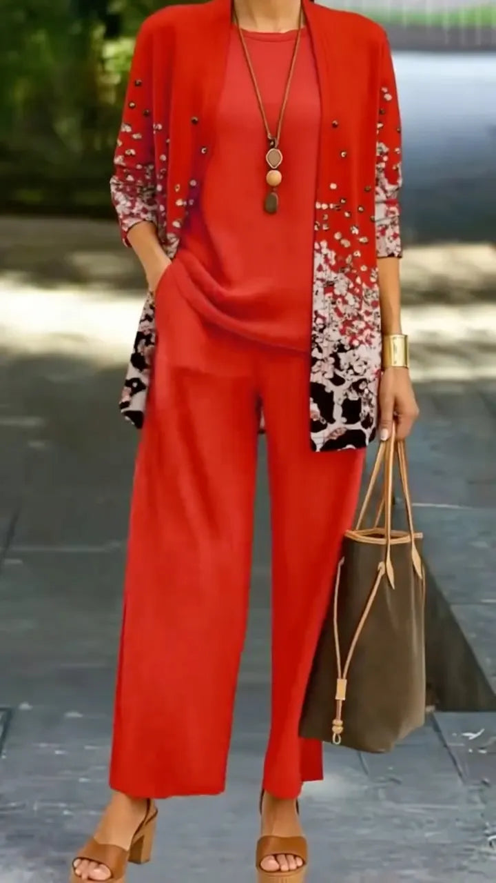 Women's Printed Cardigan Three Piece Outfit Set