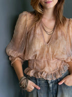 Boho Sheer Floral Deep V Puff Sleeve Ruffle Hem Blouse