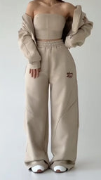 Beige Jacket Bandeau & Wide-Leg Pants Three-Piece Set