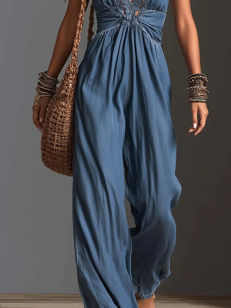Boho Chambray Denim Halter Lace-Trim Deep V Backless Wide-Leg Jumpsuit