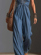 Boho Chambray Denim Halter Lace-Trim Deep V Backless Wide-Leg Jumpsuit