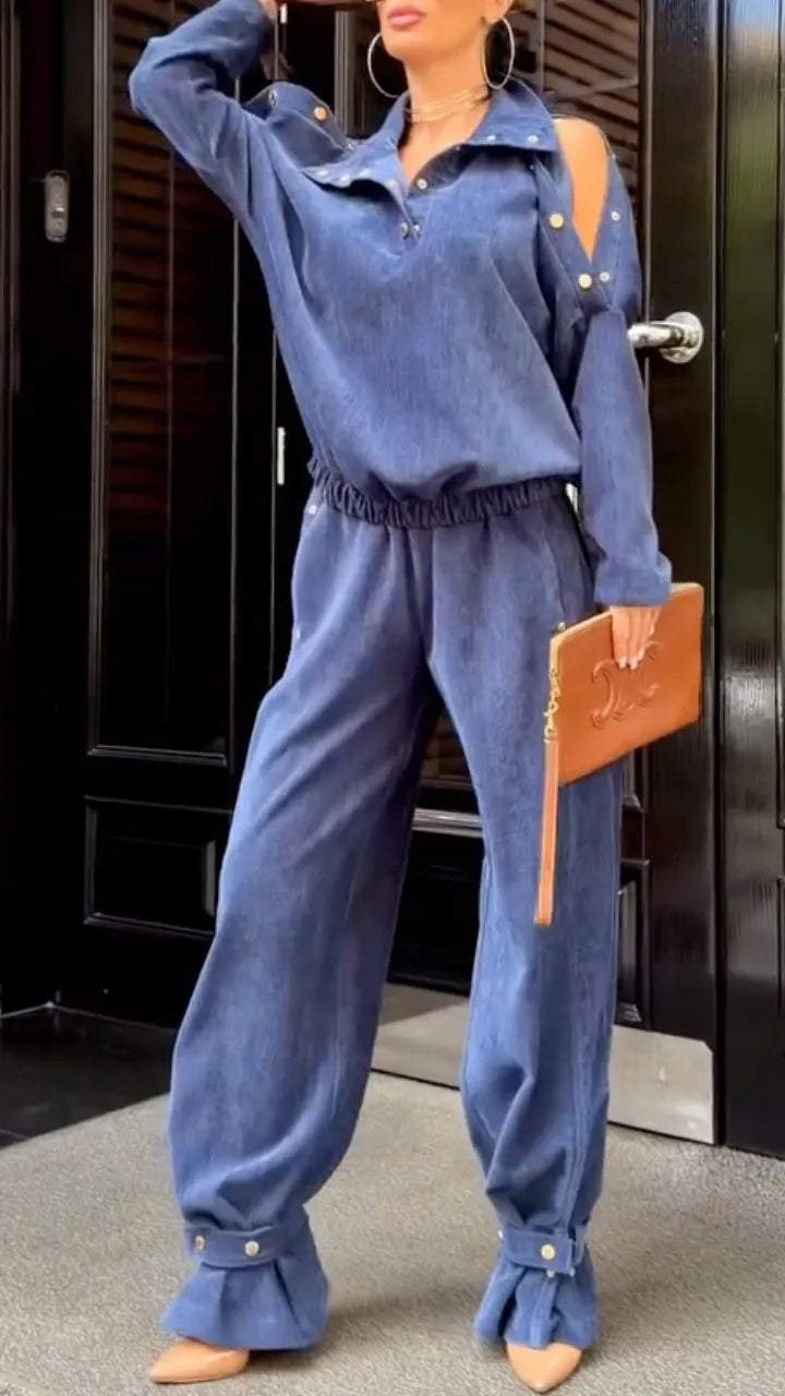 Cold-Shoulder Denim Top & Balloon-Leg Pants Set