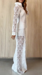 White Floral-Lace Sleeve Shirt & Wide-Leg Pants Set