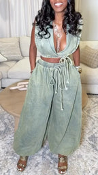 Wrap Crop Top & Wide Leg Pant Two‑Piece Set
