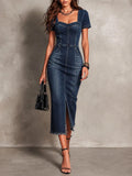 Retro Elegant Sweetheart Neck Denim Front Slit Midi Dress