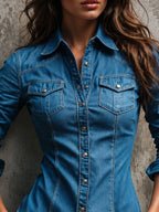 Western Medium Blue Washed Denim Contrast Stitch Fitted Shirt