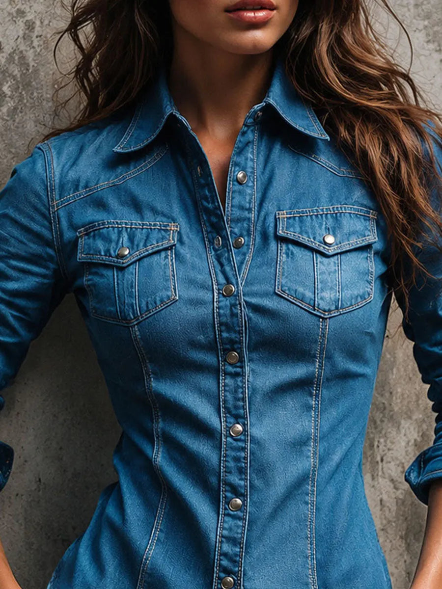 Western Medium Blue Washed Denim Contrast Stitch Fitted Shirt