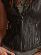 Boho Western Black Faux Leather Hooded Zip Front Vest