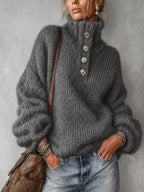 Button-Neck Chunky Knit Sweater