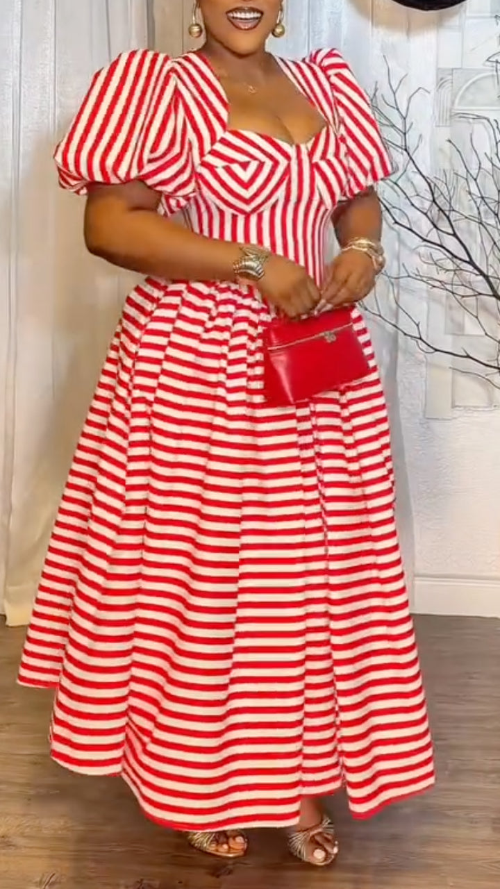 Red-and-White Stripe Puff-Sleeve A-Line Maxi Dress