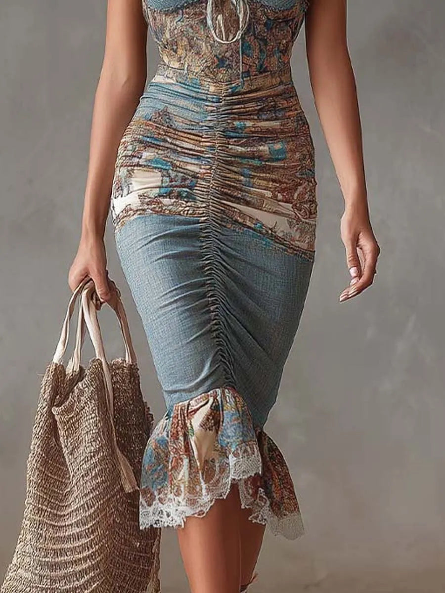 Bohemian Lace Trim Halter Ruched Vintage Print Midi Dress