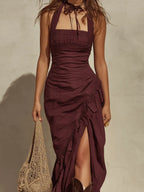 Boho Halter Maxi Dress With High Slit Hem