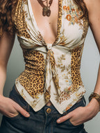 Retro Leopard & Floral Print Tie-Front Tank Top