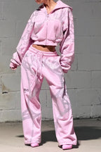 Pink Glitter Print Cropped Hooded Tracksuit Set