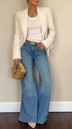 White Tweed Blazer & Wide‑Leg Denim Outfit
